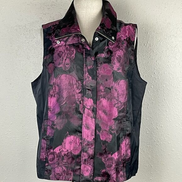 Pre-Owed Christopher & Banks Womens Black and Purple Floral Zip-up Vest Size L - Picture 1 of 6